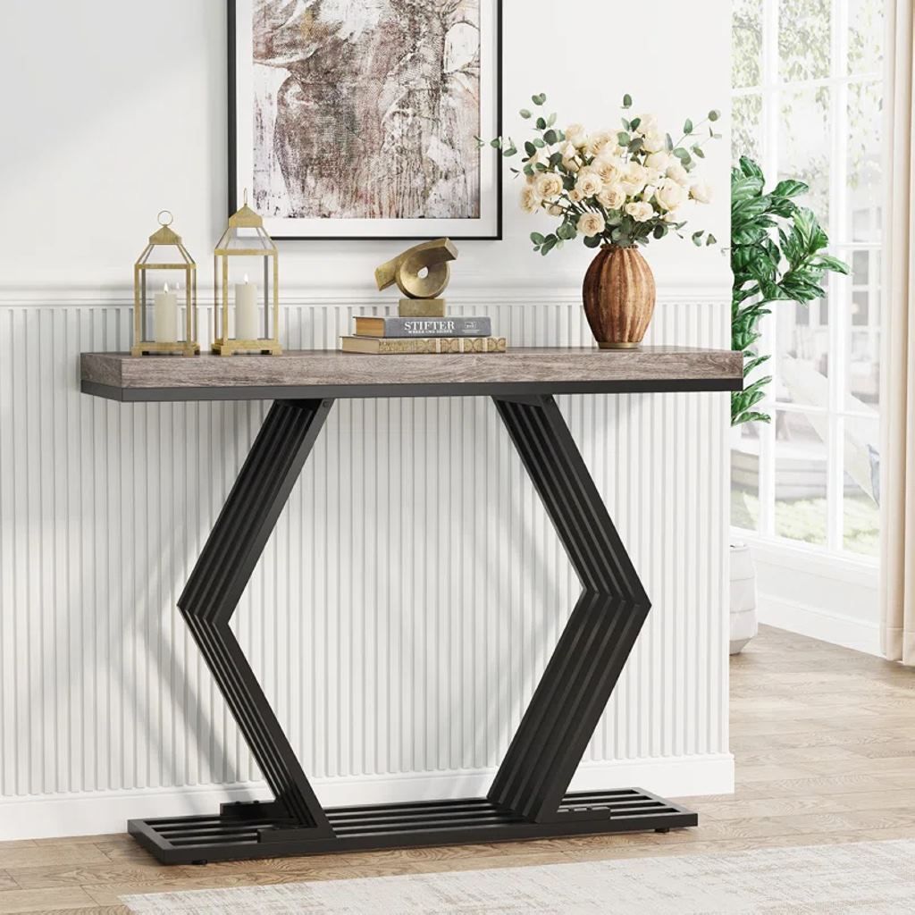 Iron and Alternative Marble Console Grey and Black - 130x40x100 cm