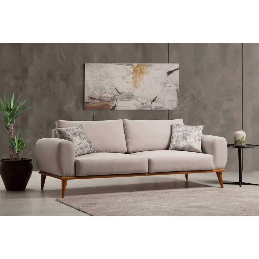 Swedish MDF Wood and Linen 3 Seaters Sofa - Beige