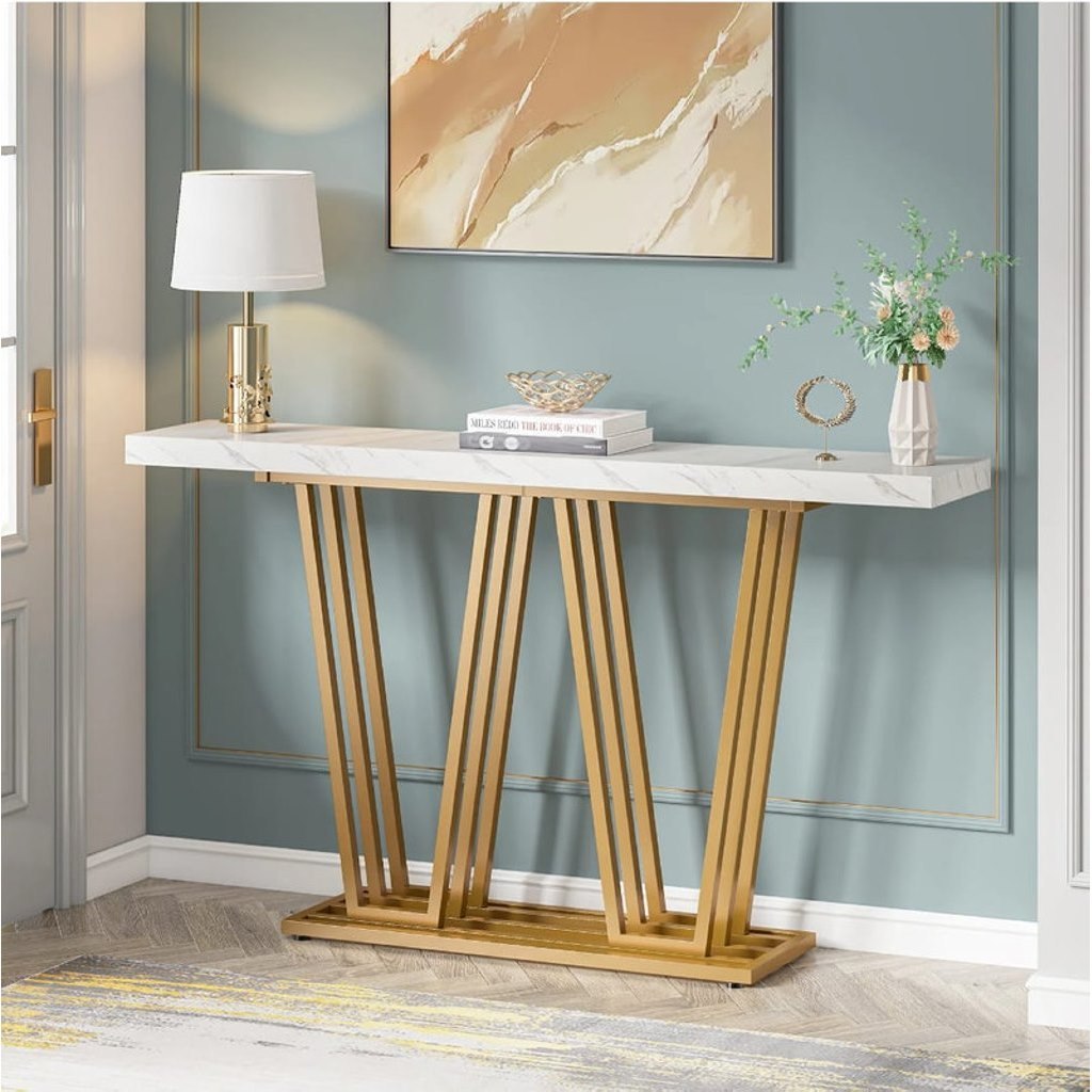 Iron and Alternative Marble Console White and Gold - 160x40x100 cm