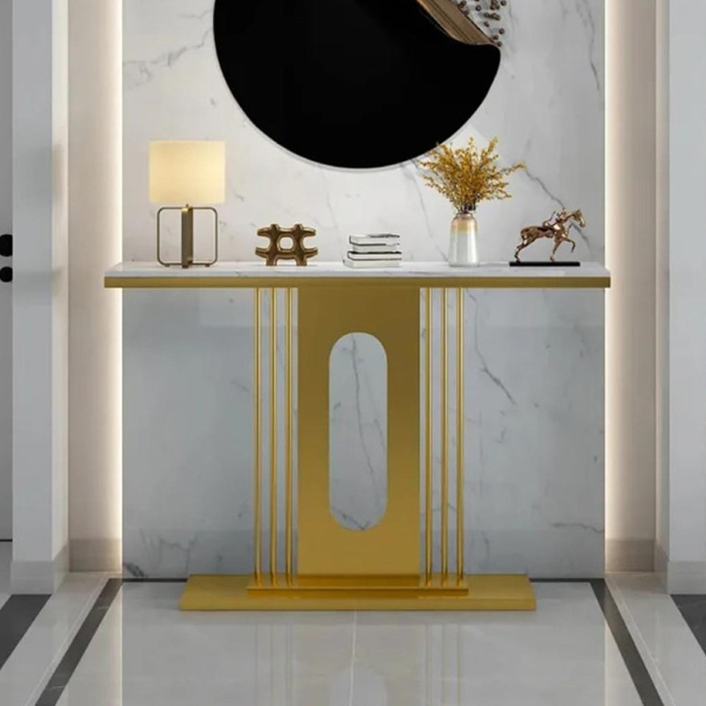Iron, MDF and Marble wood Console White and Gold - 140x40x100 cm