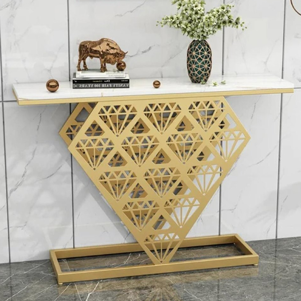 Iron and Alternative Marble Console White and Gold - 140x40x100 cm