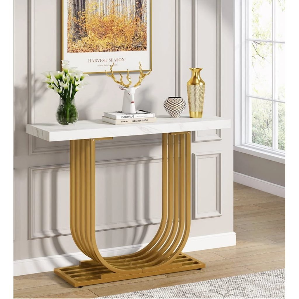 Iron and Alternative Marble Console White and Gold - 120x40x100 cm