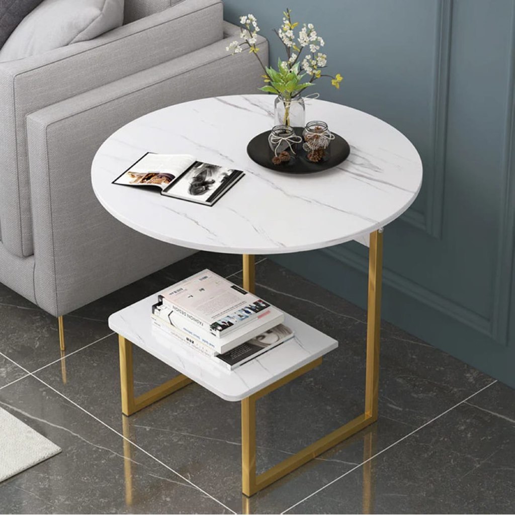 Iron, MDF and Marble wood Side Table Gold and White - 50x50x60 cm