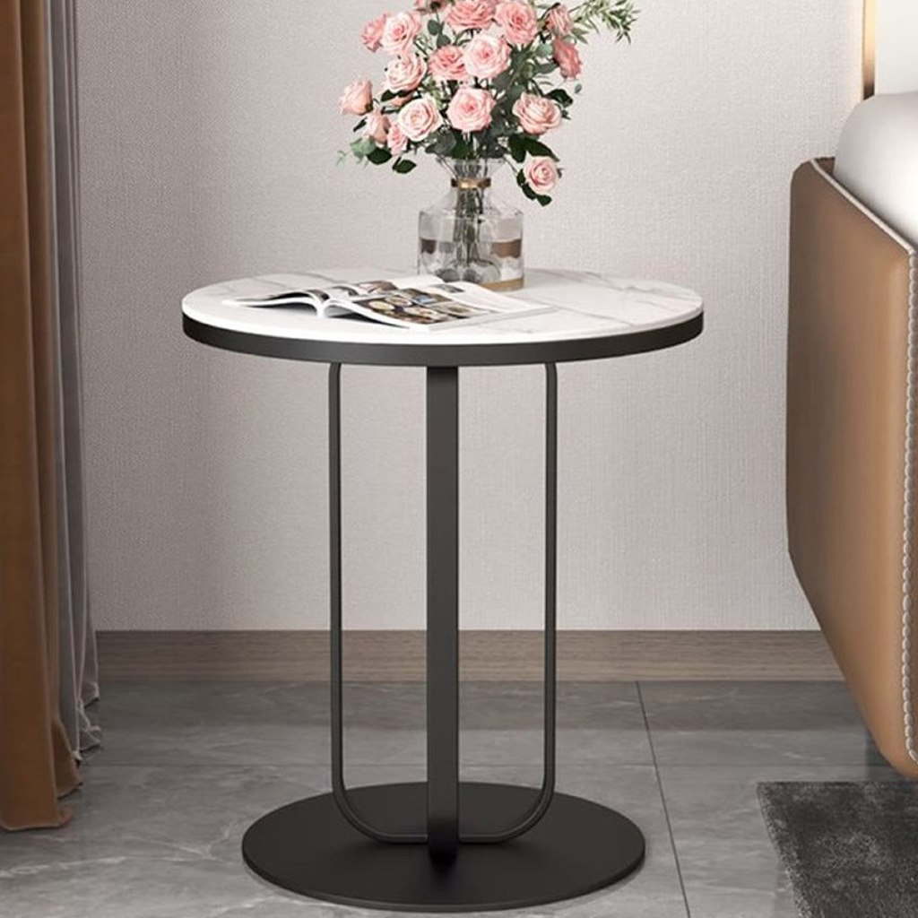 Iron, MDF and Marble wood Side Table Black and White - 45x45x60 cm