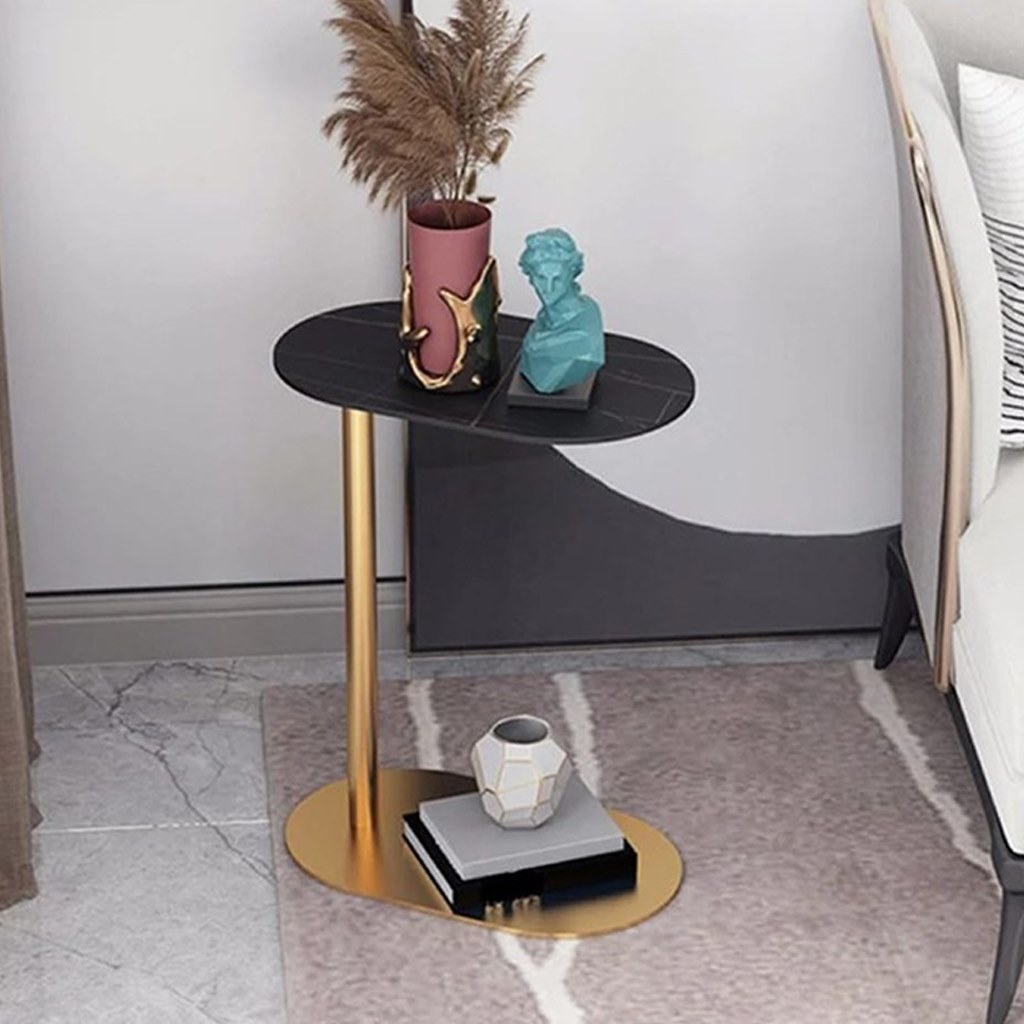Iron and Alternative Marble Side Table Gold and Black - 45x30x55 cm