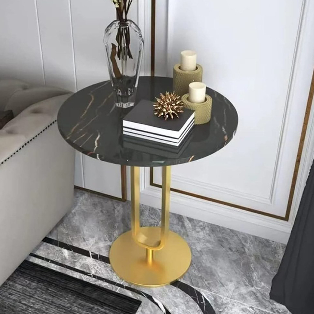 Iron, MDF and Marble wood Side Table Black and Gold - 40x40x60 cm