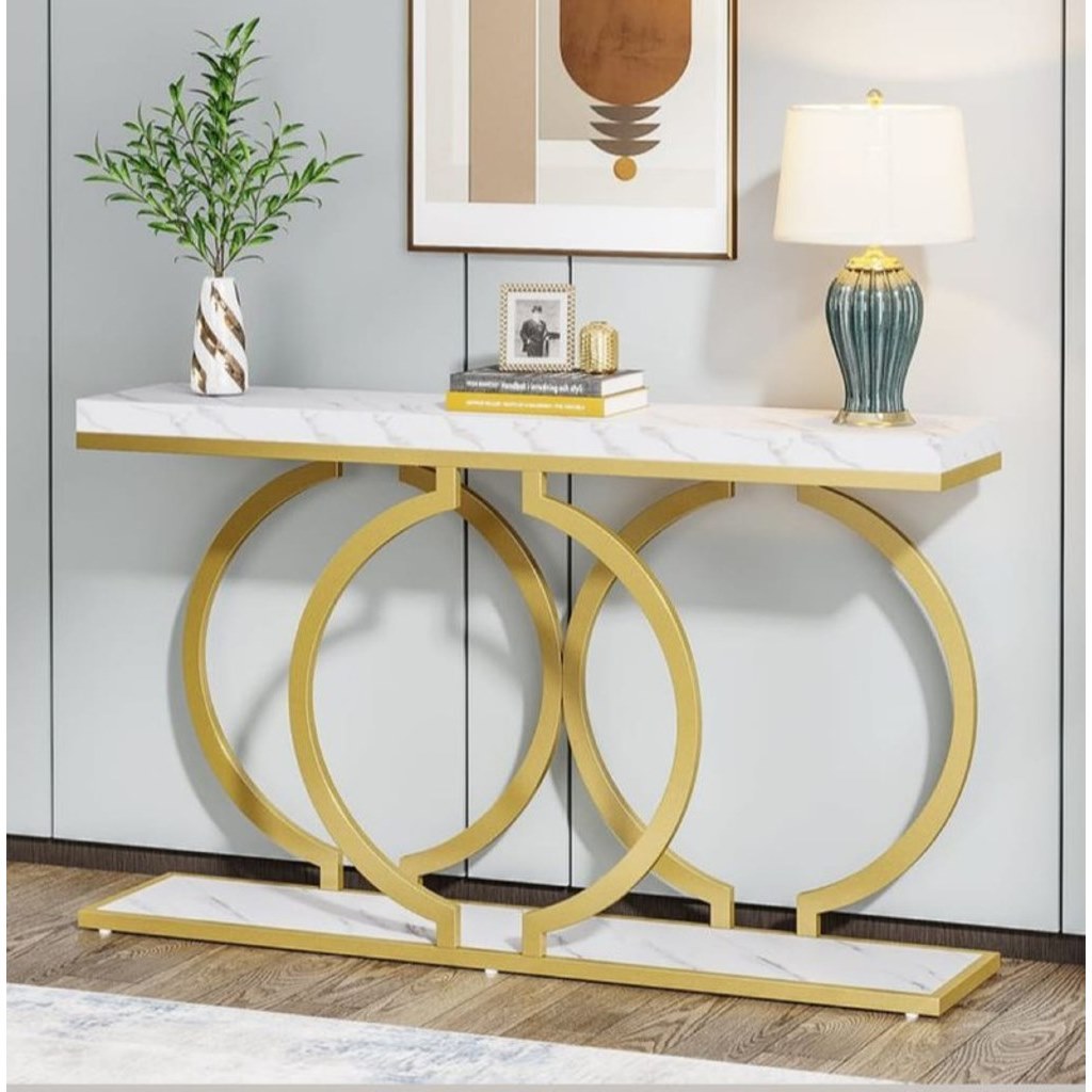 Iron and Alternative Marble Console Gold and White - 160x40x100 cm