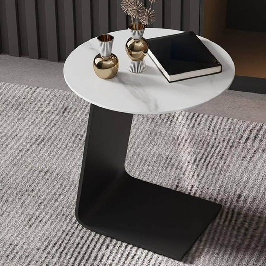 Iron, MDF and Marble wood Side Table Black and White - 35x35x55 cm