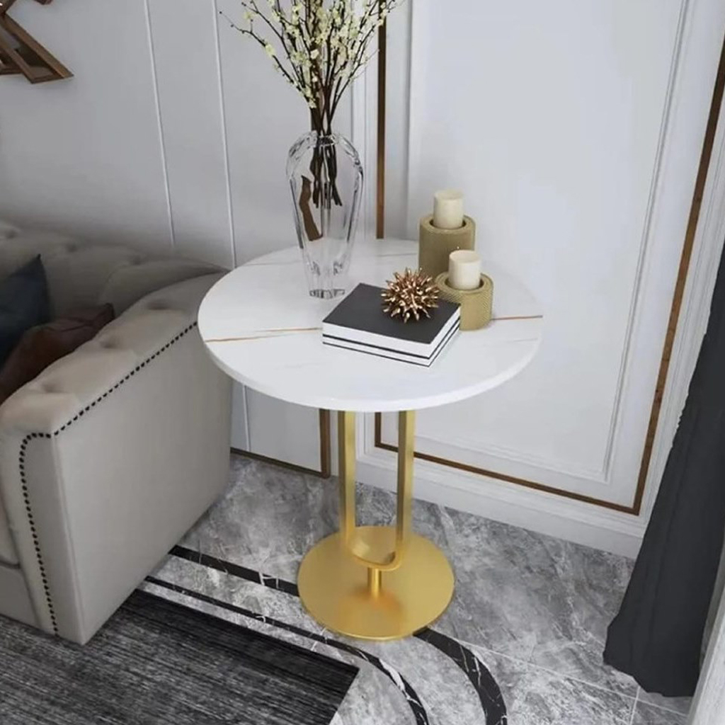 Iron, MDF and Marble wood Side Table White and Gold - 40x40x60 cm