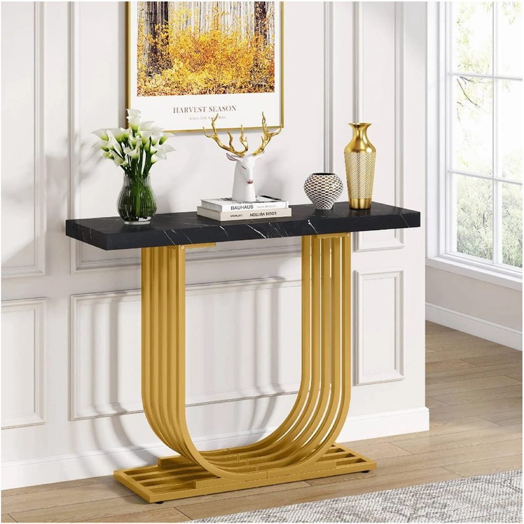 Iron and Alternative Marble Console Black and Gold - 130x40x100 cm
