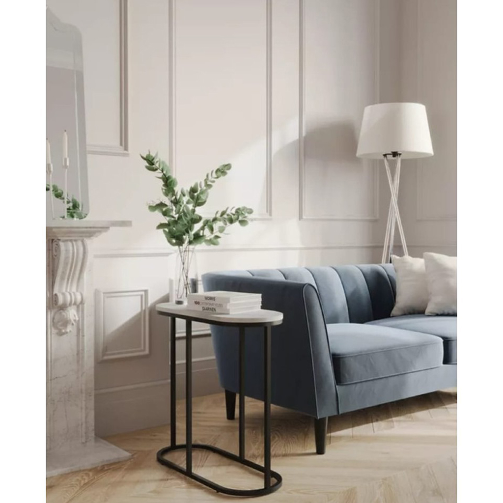 Iron, MDF and Marble wood Side Table Black and White - 45x25x55 cm