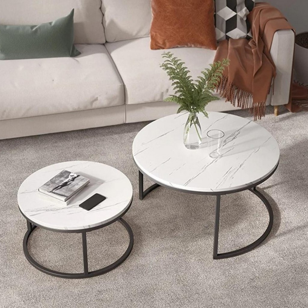 Metal and Marble Wood Side Tables Set 2 pieces - Black and White