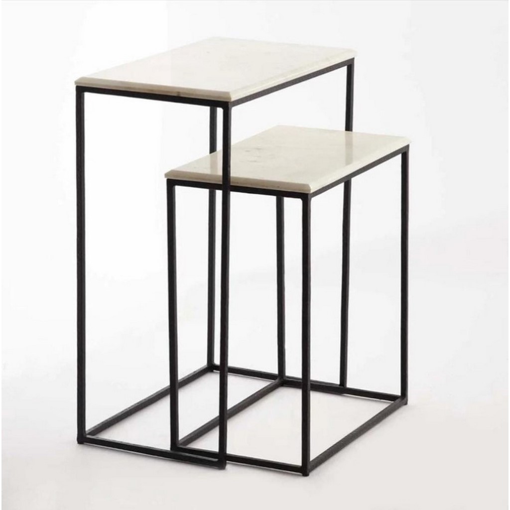 Metal and Marble wood Side Table Set 2 Pieces - Black and White