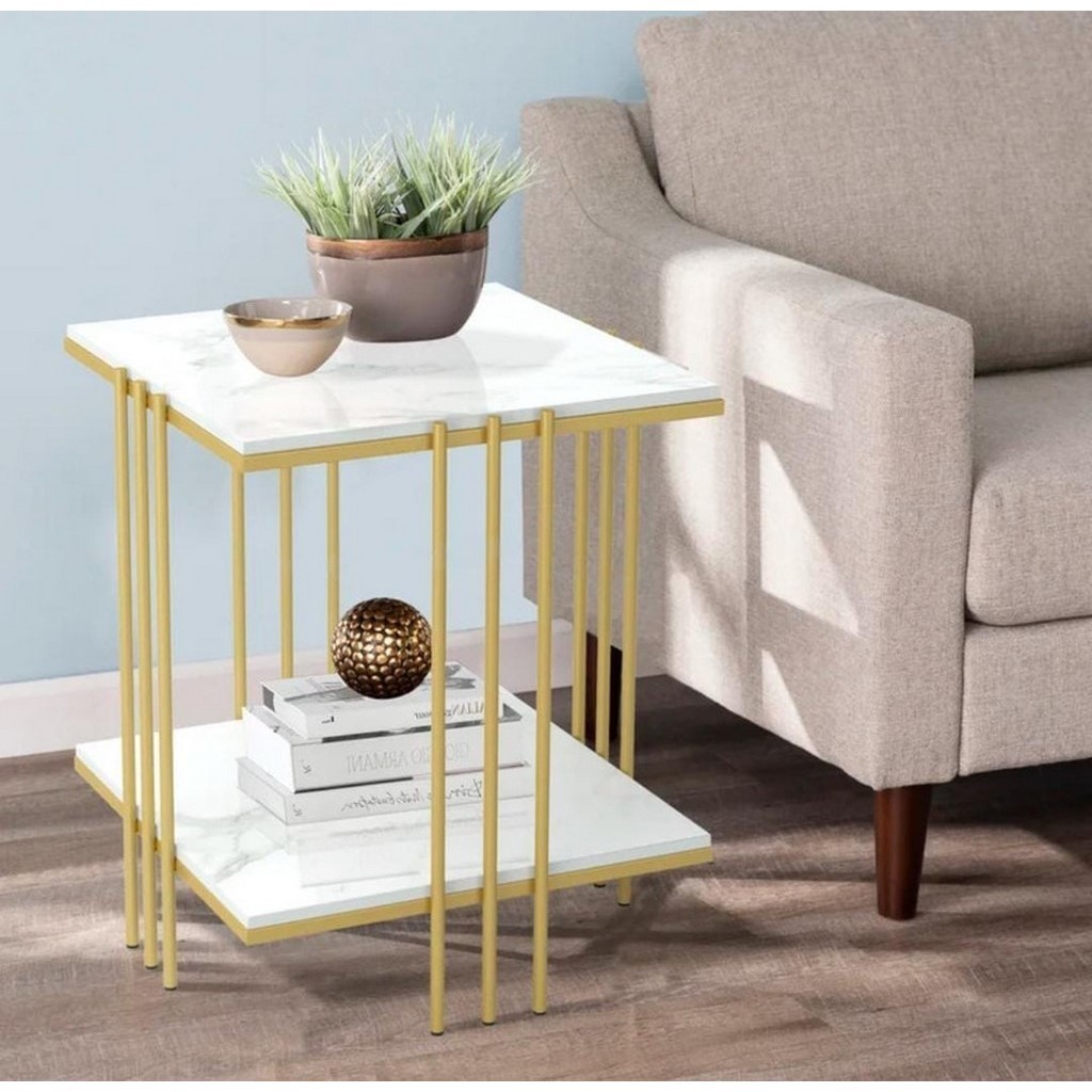 Metal and Marble Side Table Gold and White - 50x50x60 cm