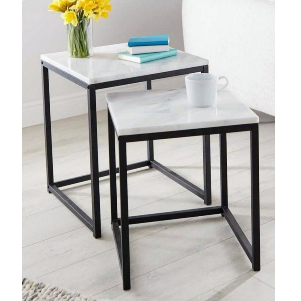 Metal and Marble Wood Side Tables Set 2 pieces - Black and White