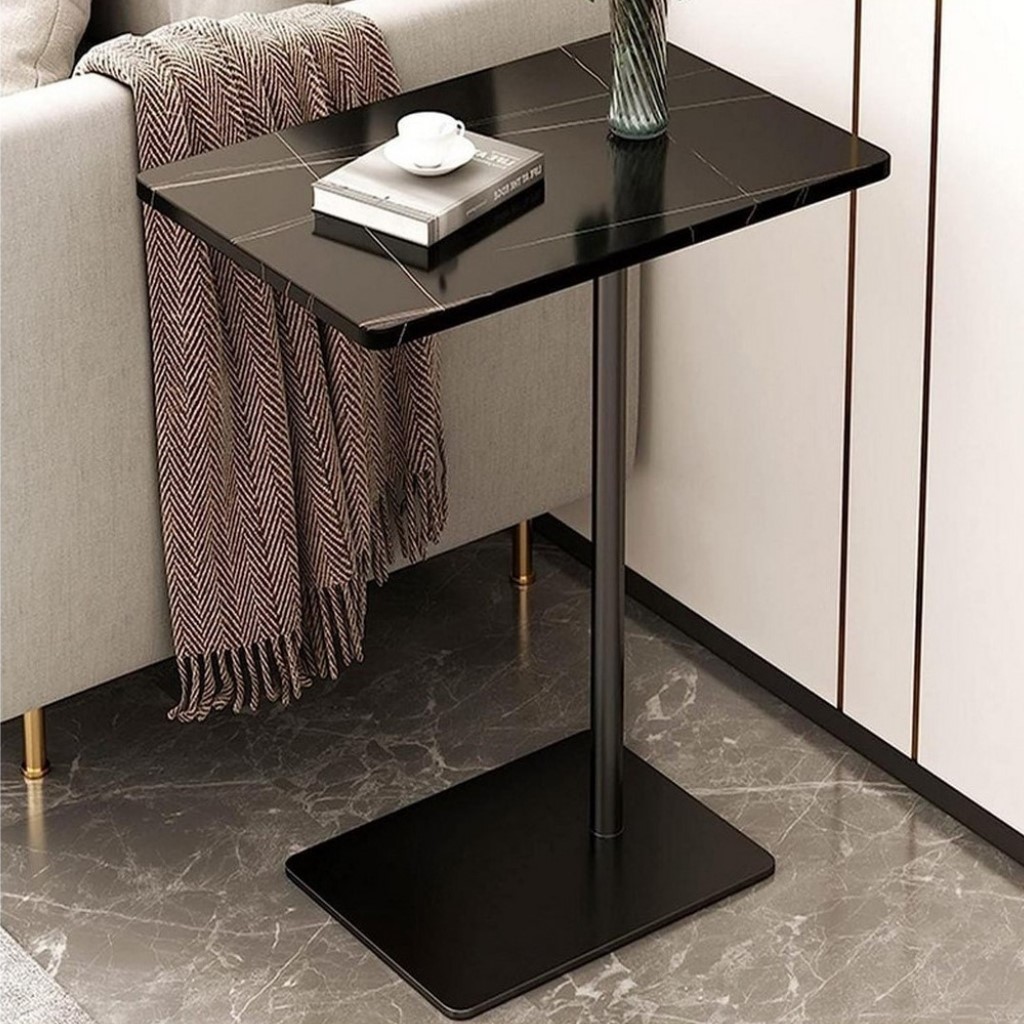 Metal and Marble Wood Side Table Black - 45x30x55 cm