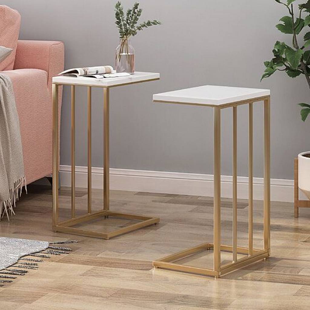Side Tables Set - 2 Pieces - Gold & White 