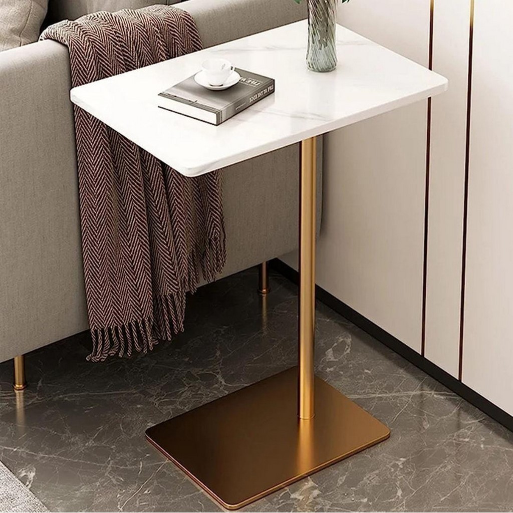 Metal and Marble Wood Side Table Gold and White - 45x30x55 cm