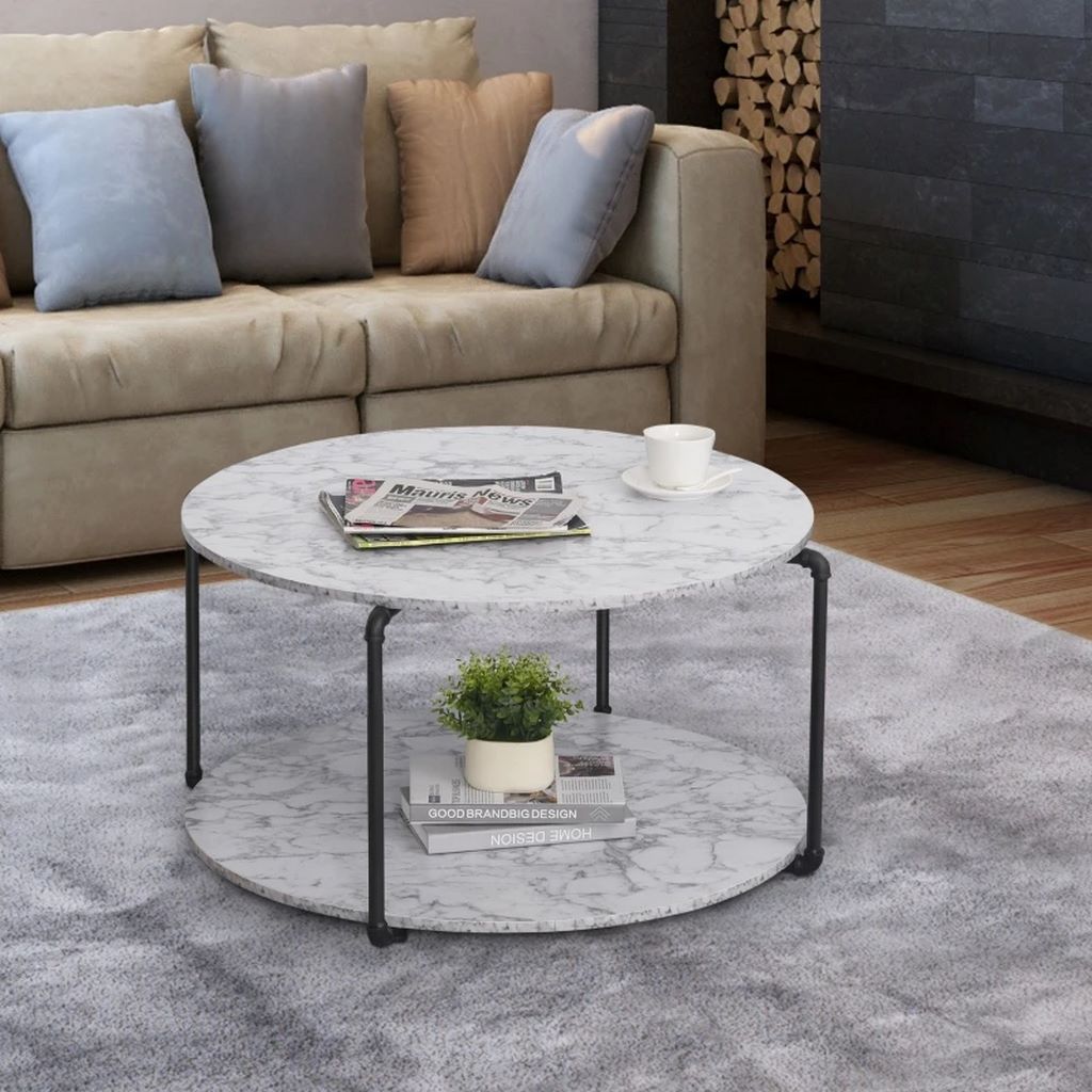 Marble Wood and Iron Coffee Table Black and White - 80x50 cm