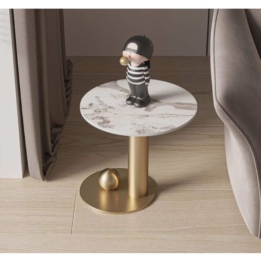 [Batch 9001003] Iron, MDF and Marble wood Side Table White and Gold - 40x40x50 cm