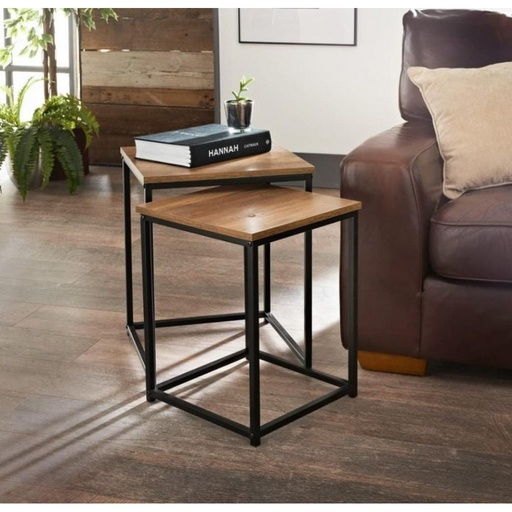 [OAKL0988] Metal and Engineered Wood Side Table Set 2 Pieces - Black and Brown