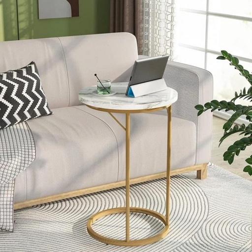 [OAKLY213] Metal and Marble Wood Side Table Gold and White - 35x55 cm