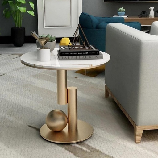 Metal and Marble Wood Side Table- 50x60 cm