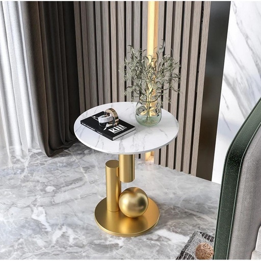 [OAKLY242] Metal and Marble Wood Side Table Gold and White - 40x55 cm