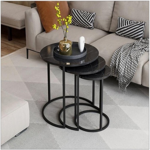 [OAKLY243] Metal and Marble Wood Side Tables Set 3 pieces - Black