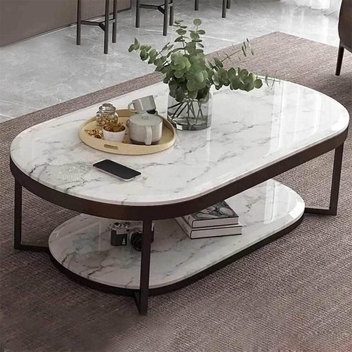 [OAKLY208] Marble Wood and Iron Coffee Table Black and White - 120x70x50 cm